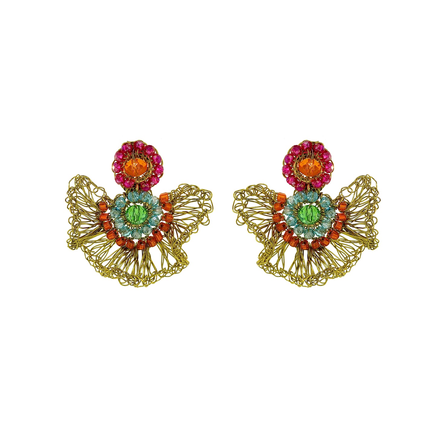 Half-Mandala-Ruffled-Green-Orange-Blue-Pink-Gold-Lia-Mini-Handmade-Crochet-Earrings-18k-gold-filled-wire-hypoallergenic-lightweight-statement-brazilian-soul-collection