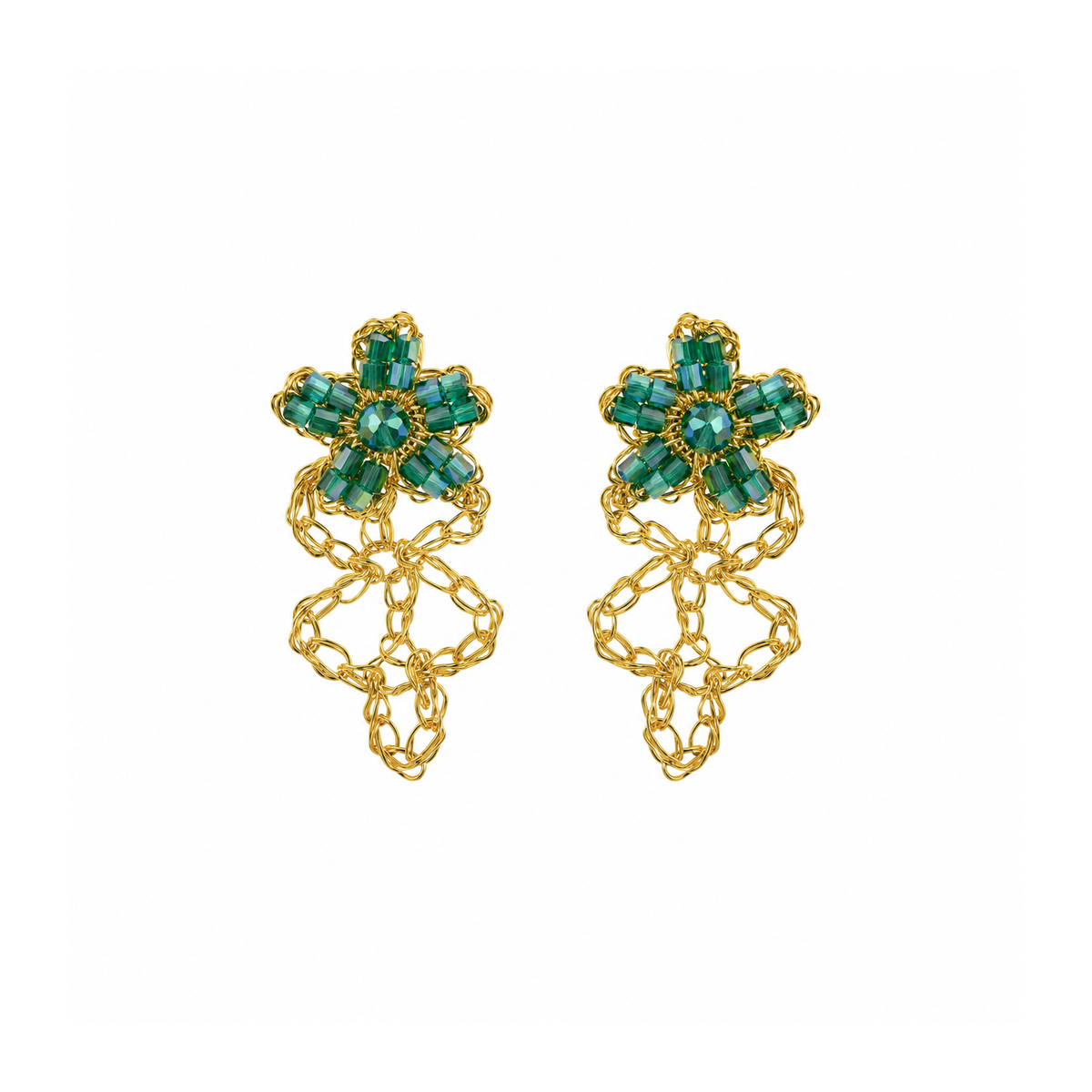 Green & Gold Aster Drop Handmade Crochet Earrings