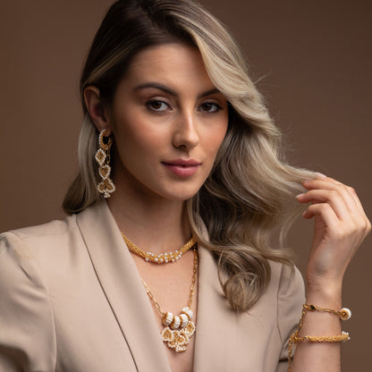 Pearl & Gold Full House Handmade Crochet Earrings