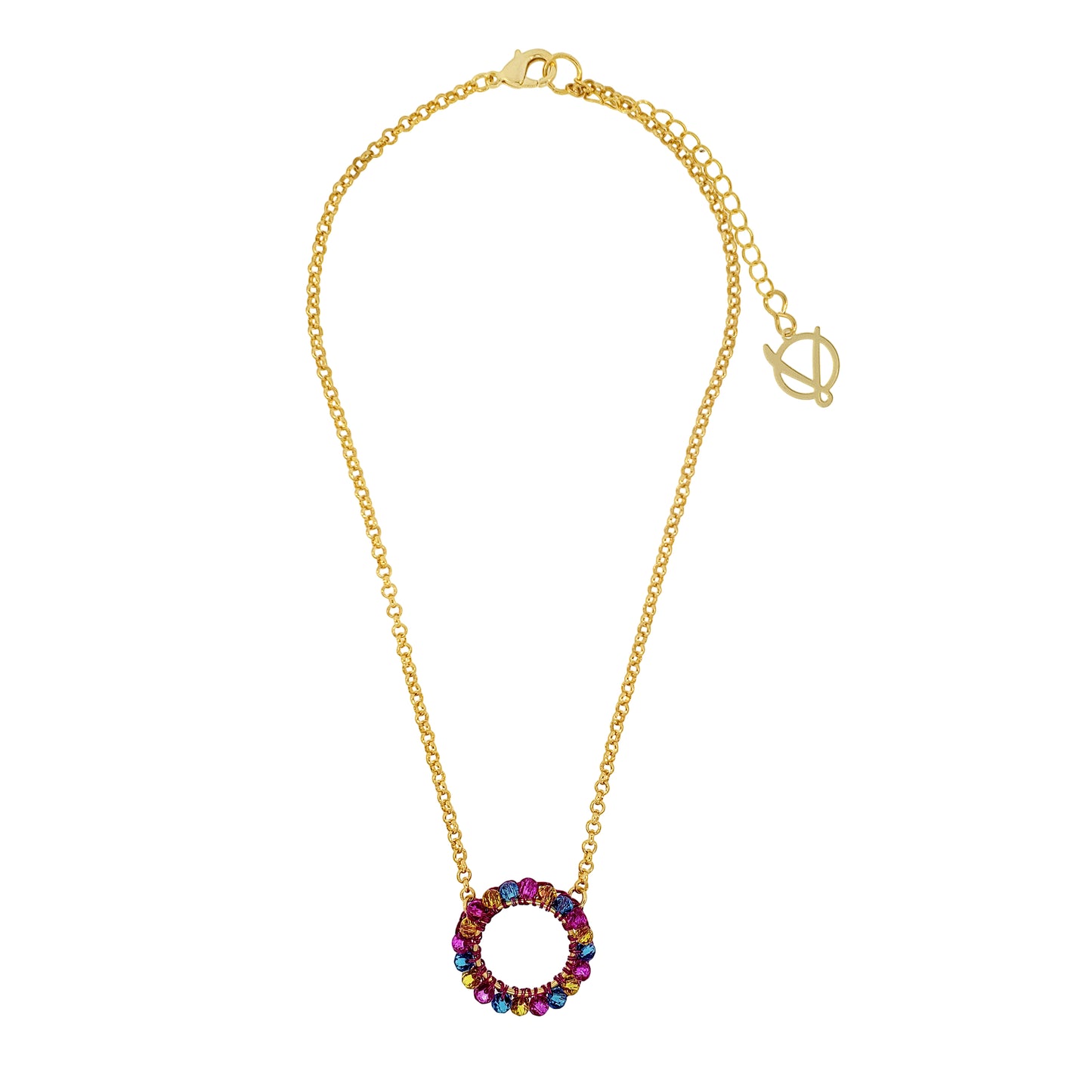 A gold-colored necklace with a round fuchsia, blue, and yellow hand-crocheted pendant and an 18 karat gold filled chain.
