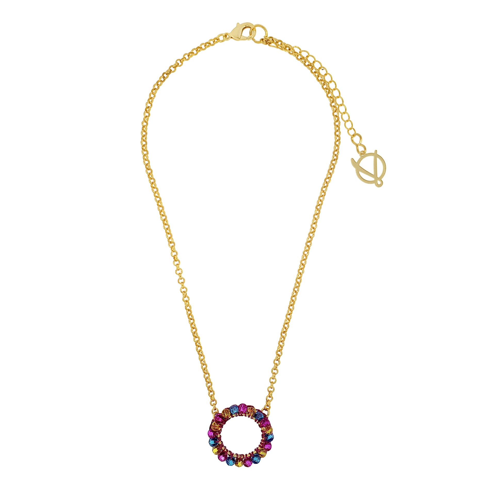 A gold-colored necklace with a round fuchsia, blue, and yellow hand-crocheted pendant and an 18 karat gold filled chain.
