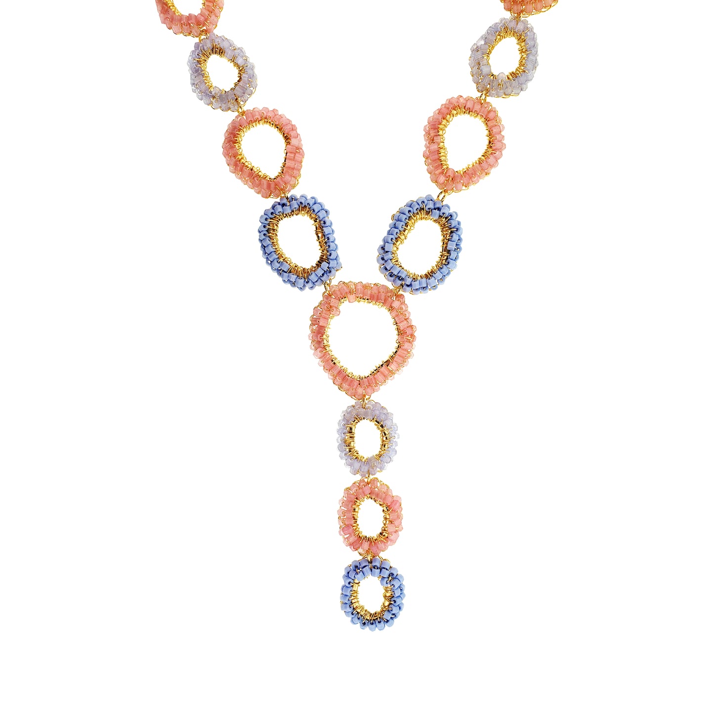 Soft Pink & Blue Mix Halo Cascade Necklace Handmade Crochet Long Necklace