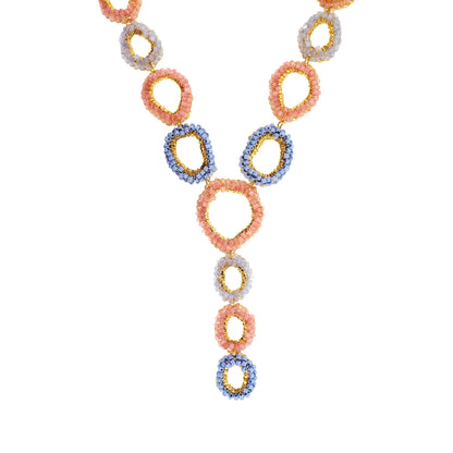 Soft Pink & Blue Mix Halo Cascade Necklace Handmade Crochet Long Necklace