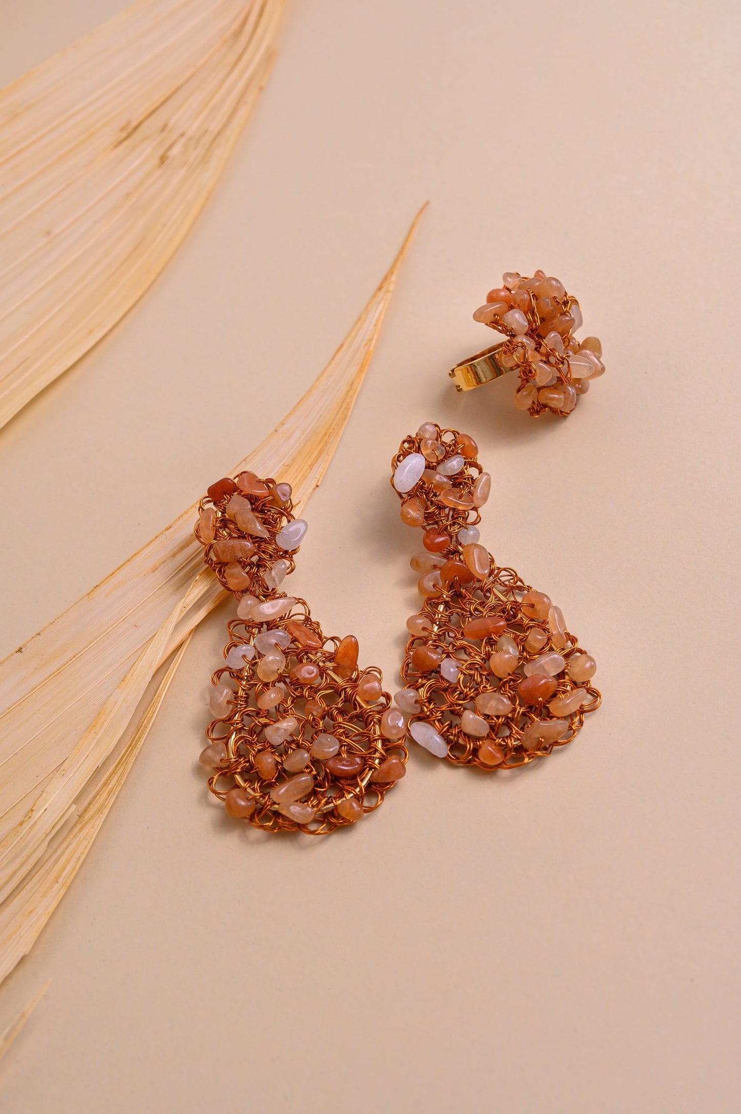 Topaz Orange Mix Rocks Teardrop Handmade Crochet Earrings