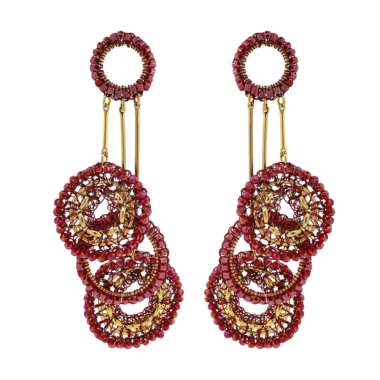Red & Gold Flux Chandelier Handmade Crochet Earrings