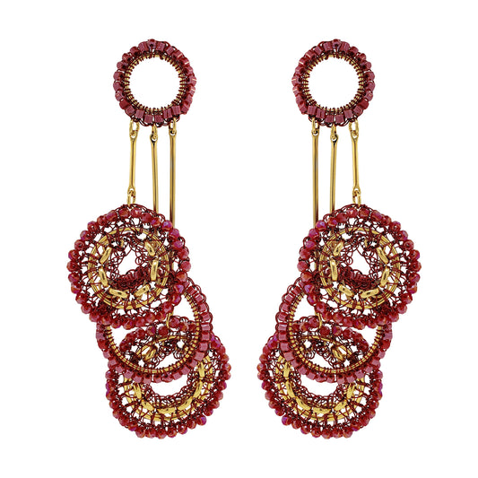 Red & Gold Flux Chandelier Handmade Crochet Earrings