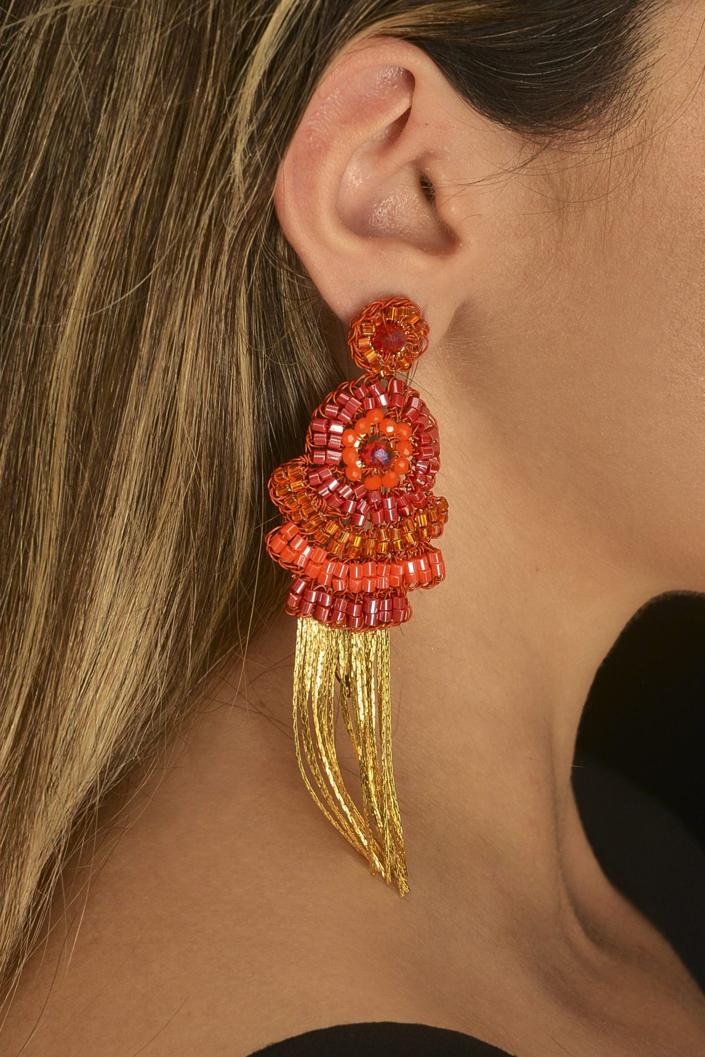 Coral Red Mix Ripples Fringe Handmade Crochet Earrings