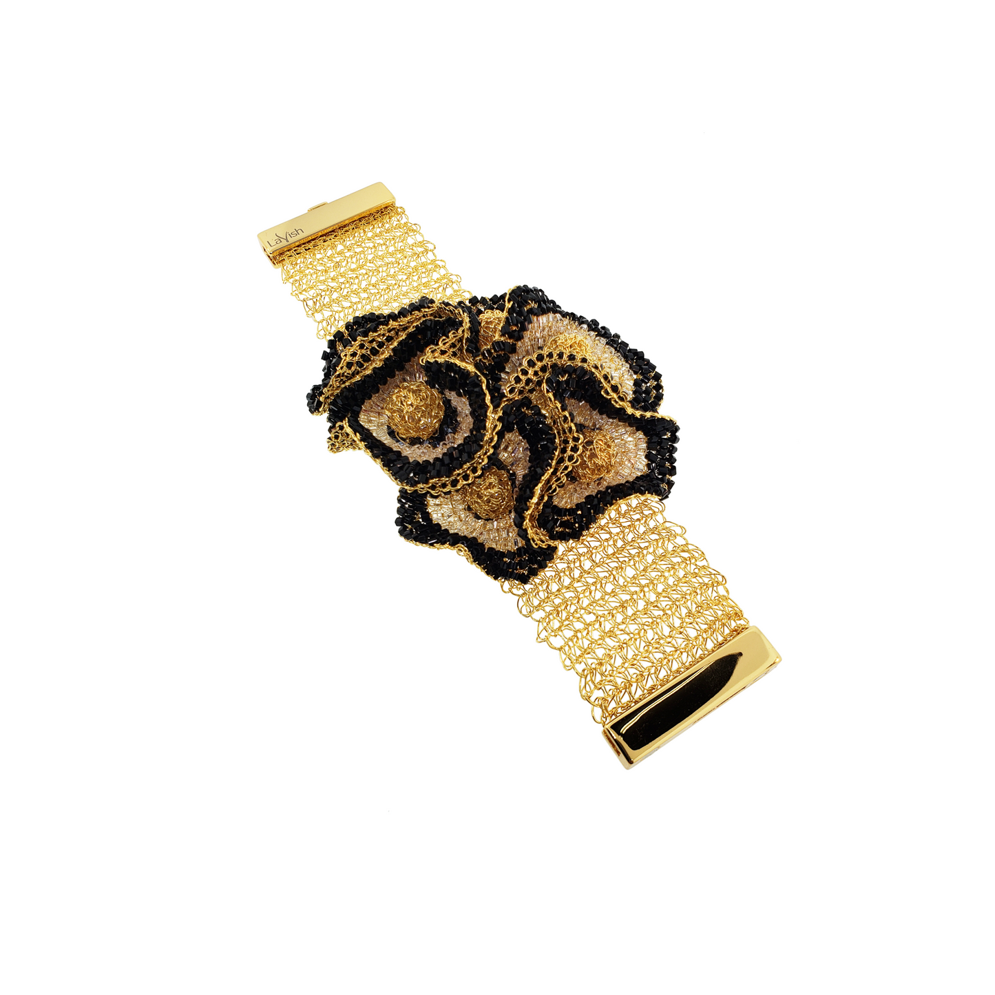 Wide Black & Gold Buttercup Handmade Crochet Bracelet