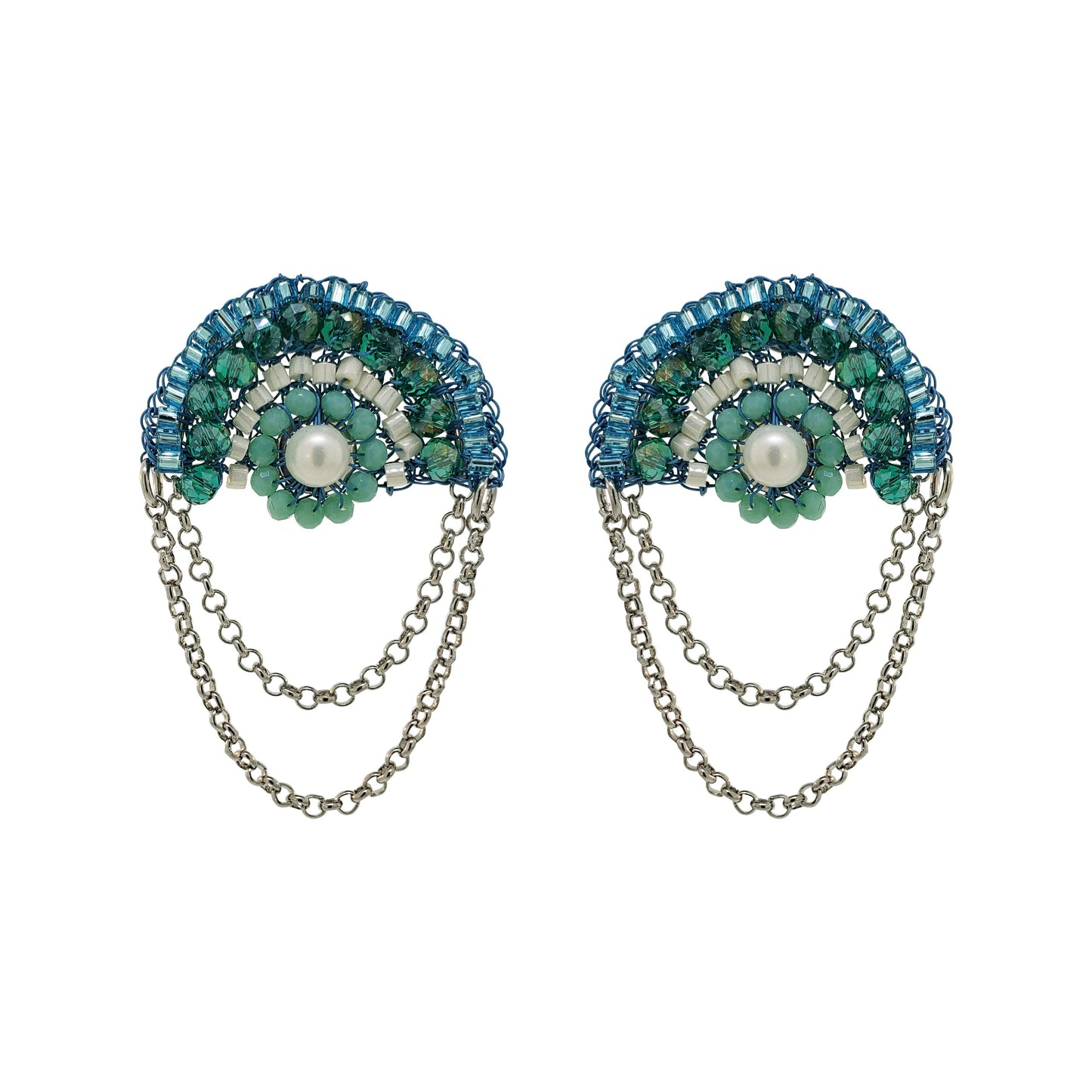 Ocean Blue Mix Freya Round Posts Handmade Crochet Earrings