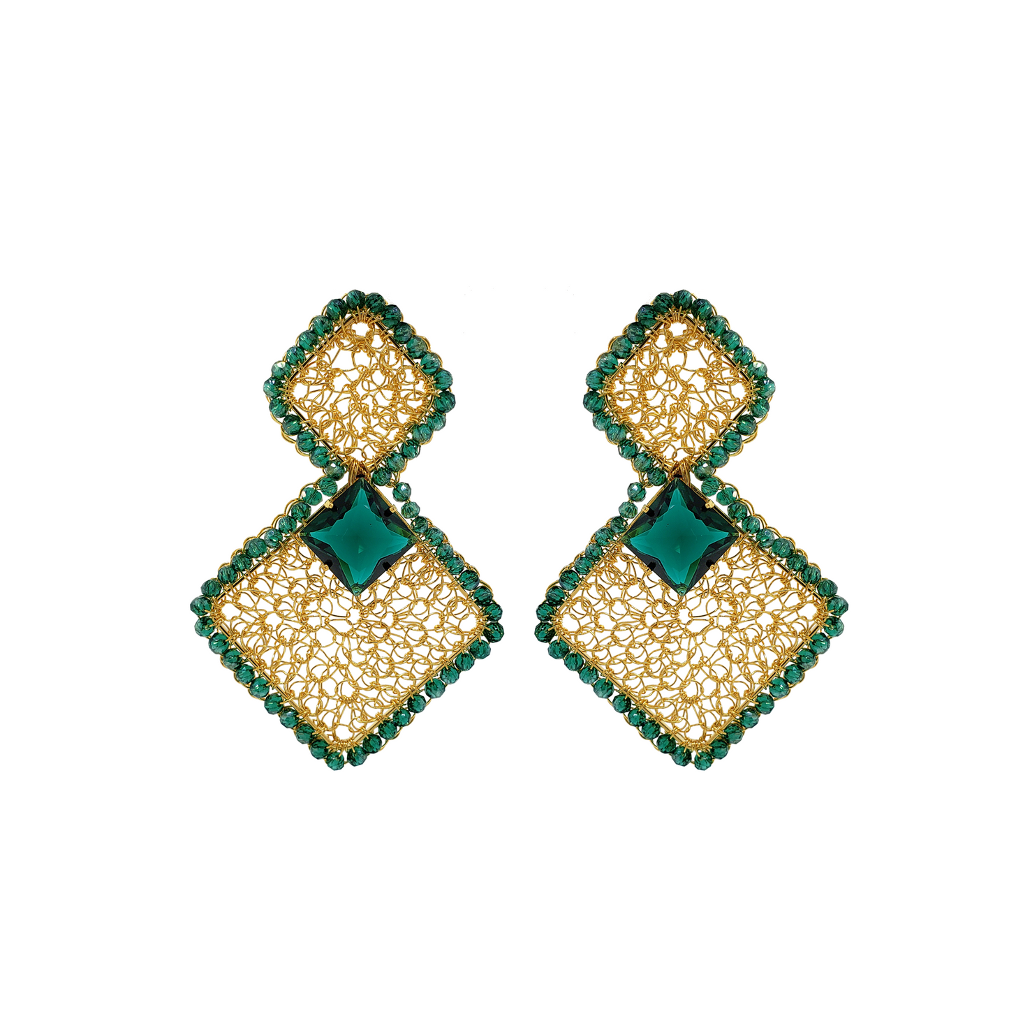 Emerald Squared Prisma Handmade Crochet Earrings