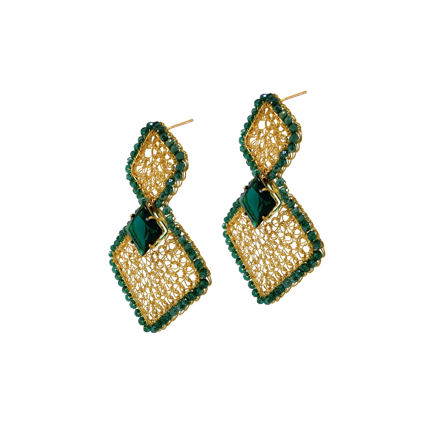 Emerald Squared Prisma Handmade Crochet Earrings