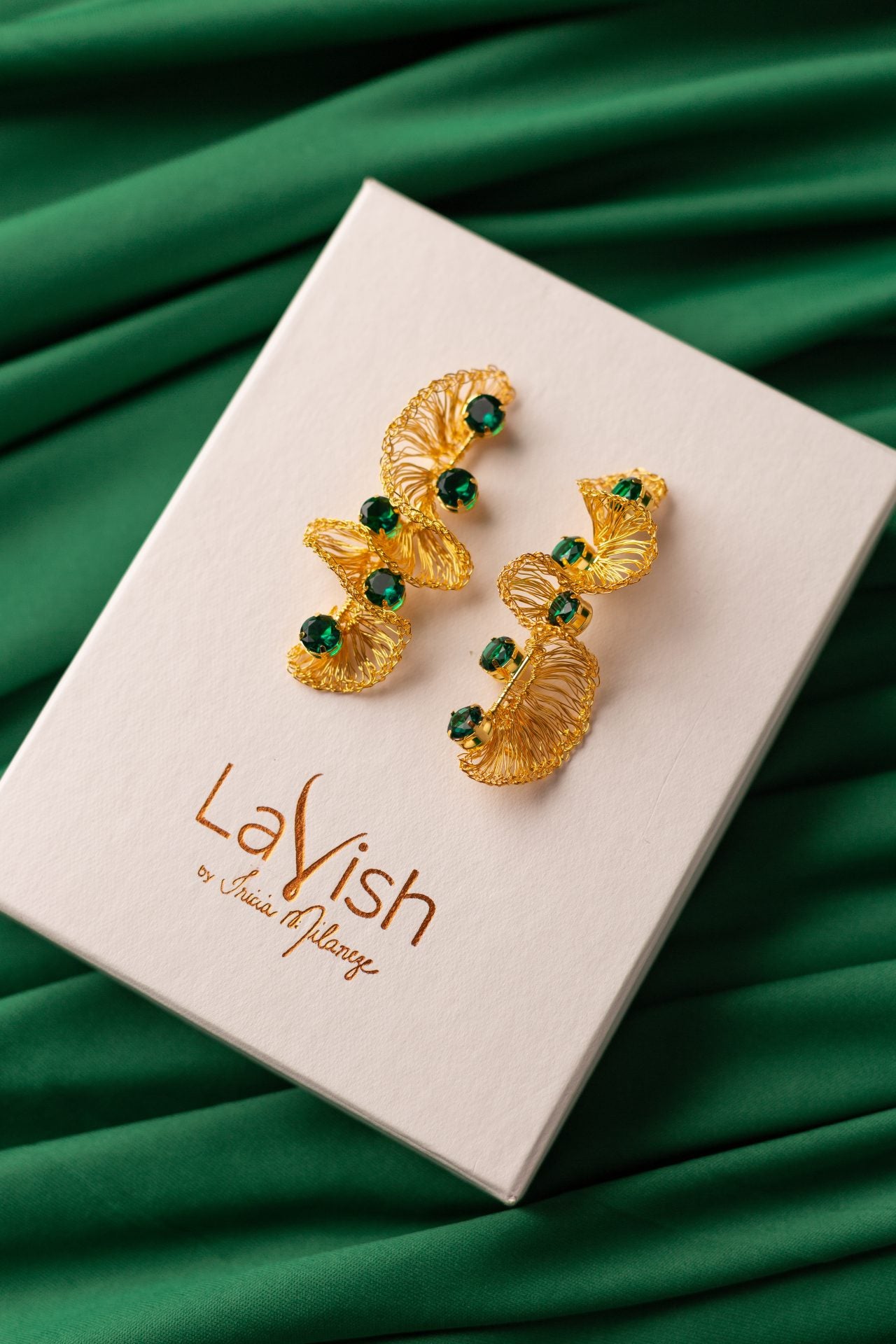 Ruffled Prism Emerald Handmade Crochet Earrings