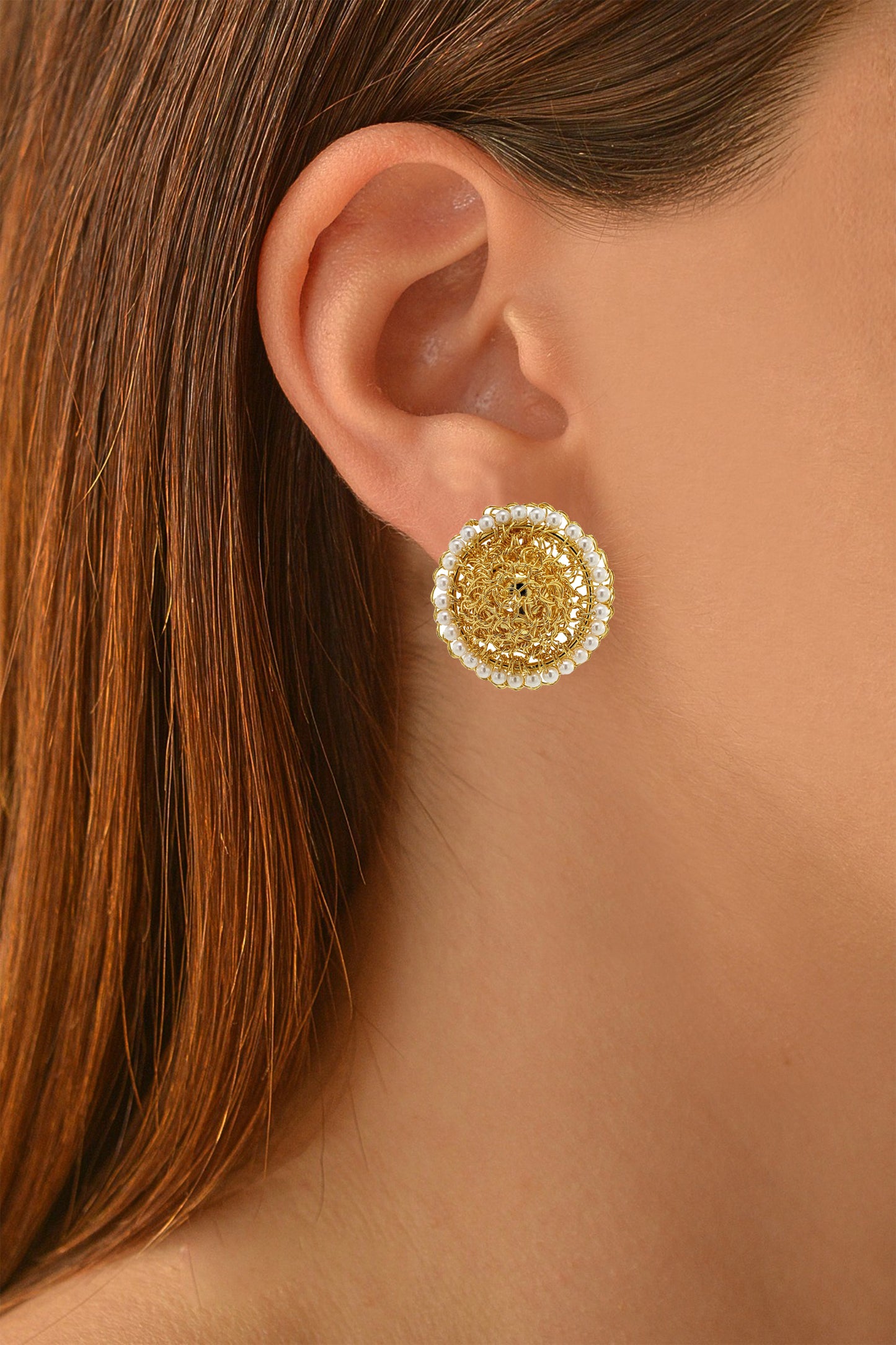 Pearl & Gold Disco Posts Handmade Crochet Earrings