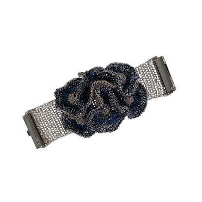 Wide Blue & Silver Buttercup Handmade Crochet Bracelet