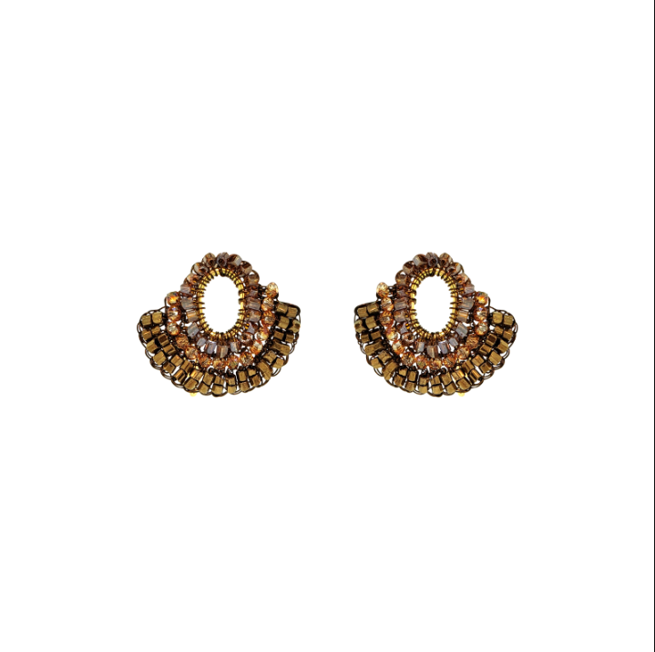 A pair of gold-toned beaded earrings with oval centers and scalloped, layered bead borders, shown on a plain white background.