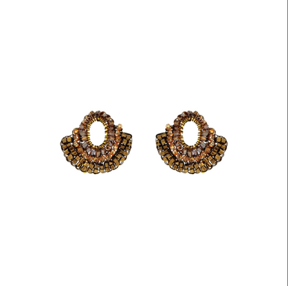 A pair of gold-toned beaded earrings with oval centers and scalloped, layered bead borders, shown on a plain white background.