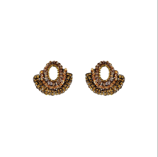 A pair of gold-toned beaded earrings with oval centers and scalloped, layered bead borders, shown on a plain white background.