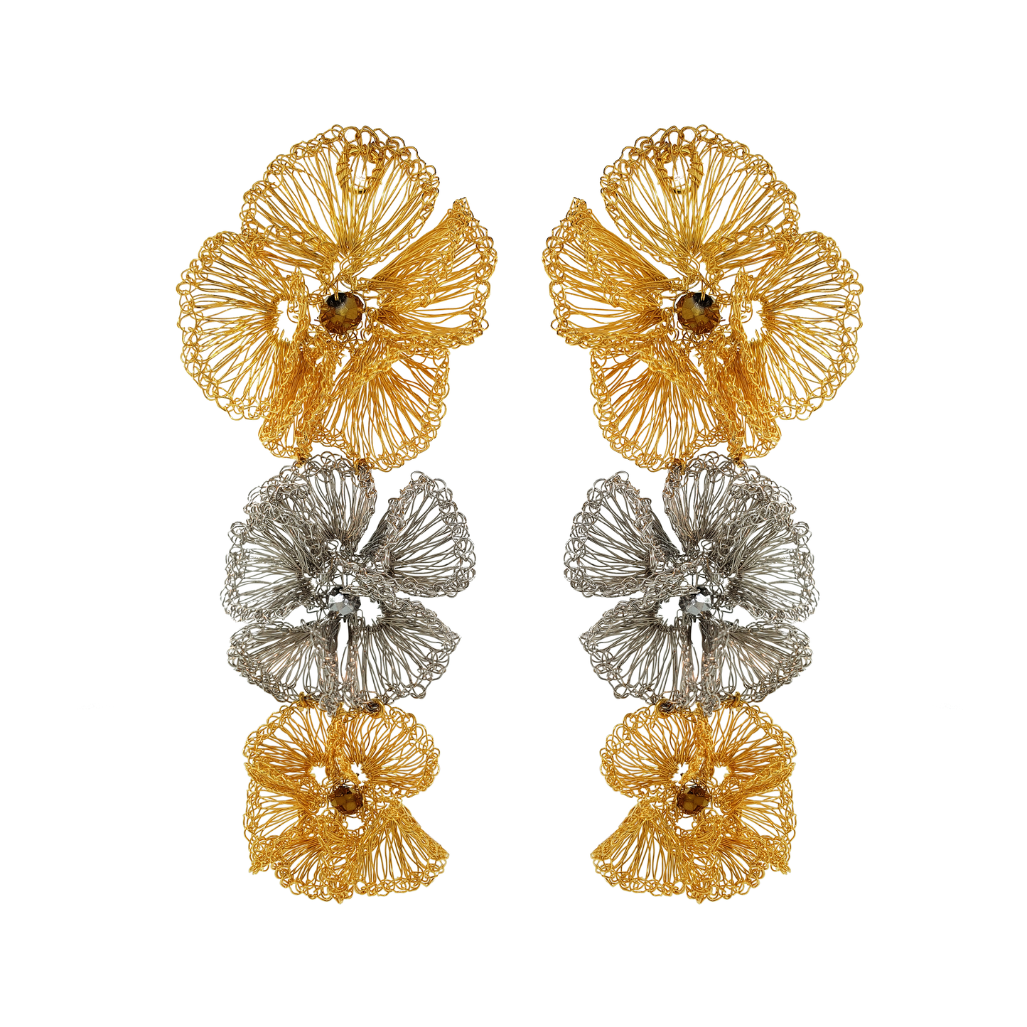 Gold & Silver Plumeria Cascade Handmade Crochet Long Earrings