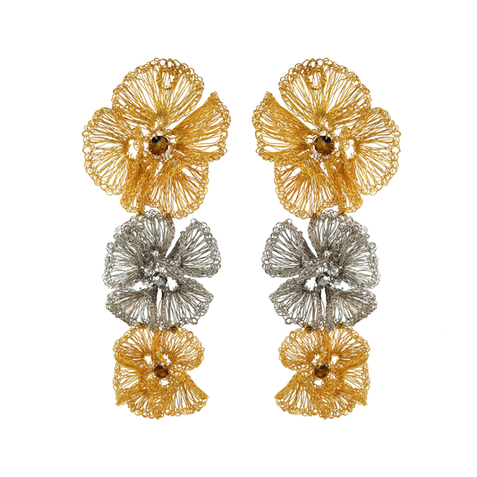 Gold & Silver Plumeria Cascade Handmade Crochet Long Earrings