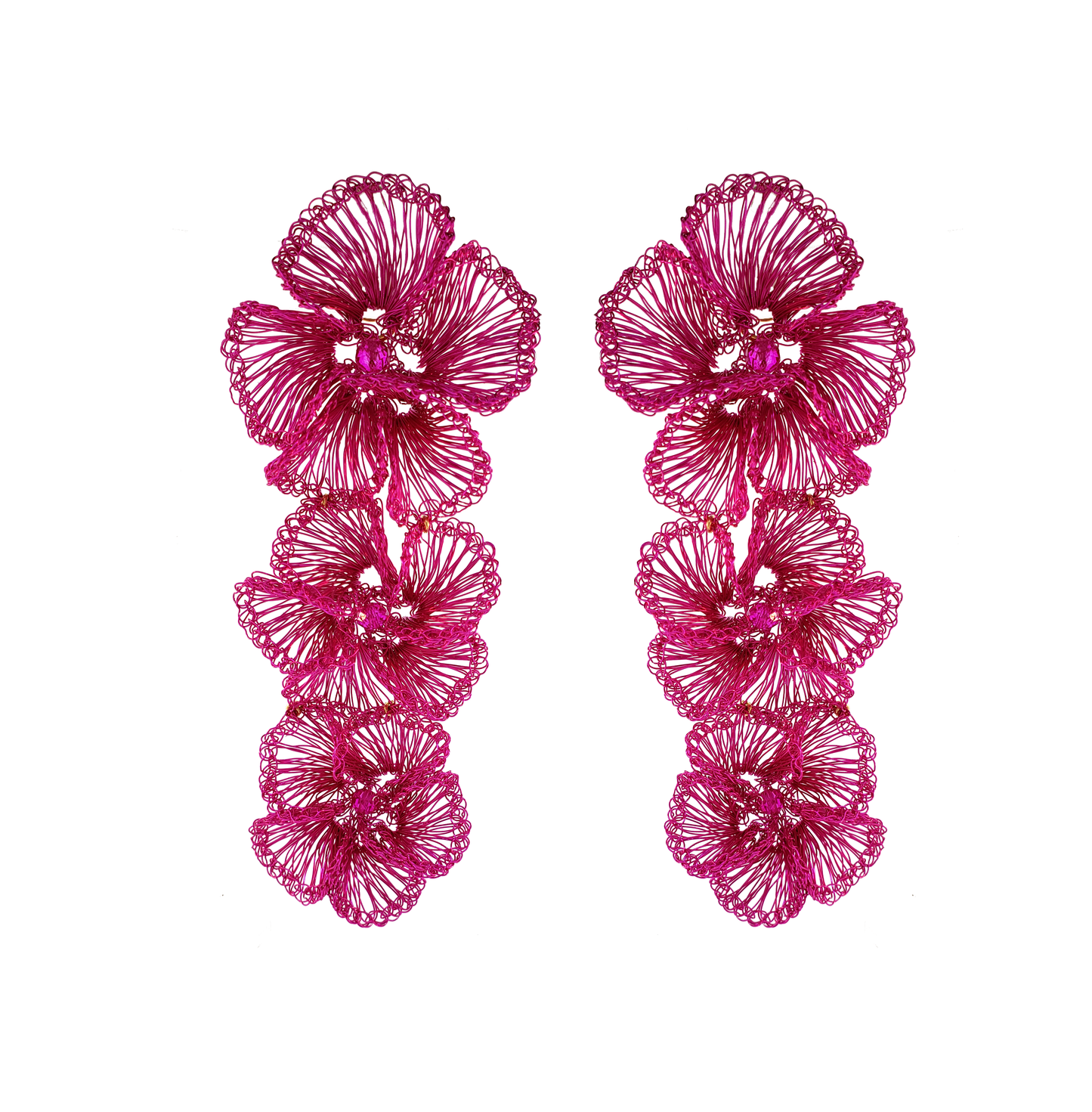 Pink Plumeria Cascade Handmade Crochet Long Earrings