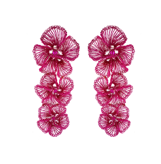 Pink Plumeria Cascade Handmade Crochet Long Earrings