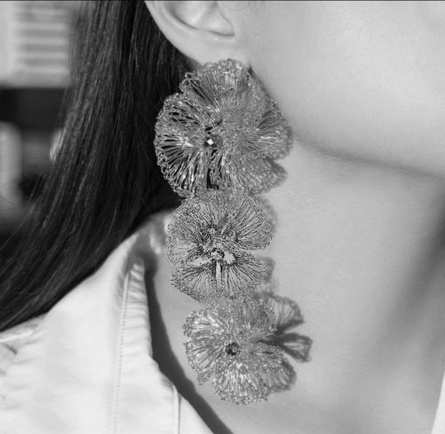 Pink Plumeria Cascade Handmade Crochet Long Earrings