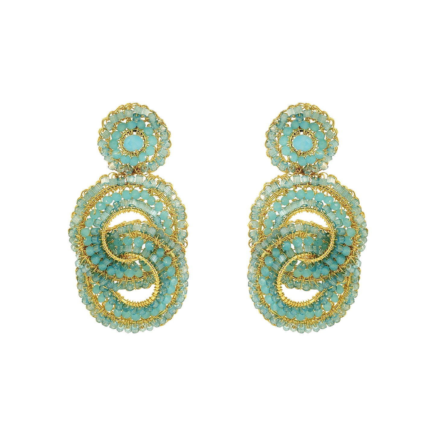 Aqua-blue-Gold-Loki-Handmade-Crochet-Earrings handmade-crochet-Interlocked-with-unique-design-18k-gold-filled-wire-hypoallergenic-lightweight-statement
