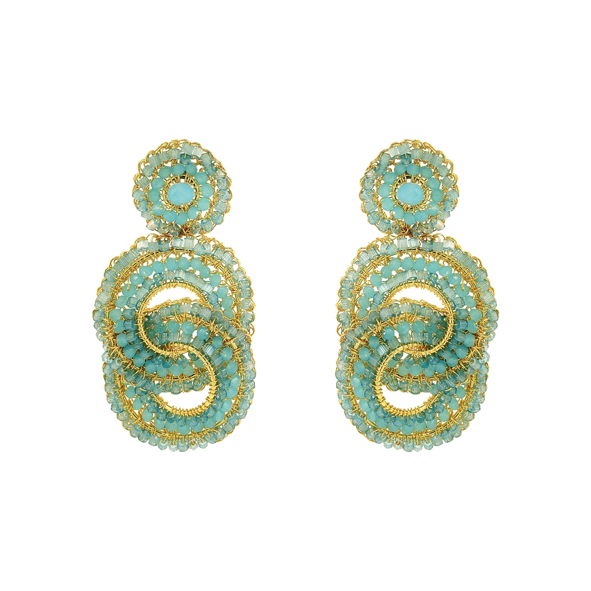 Aqua-blue-Gold-Loki-Handmade-Crochet-Earrings handmade-crochet-Interlocked-with-unique-design-18k-gold-filled-wire-hypoallergenic-lightweight-statement
