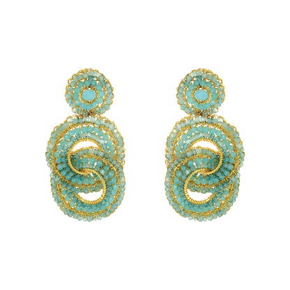 Aqua-blue-Gold-Loki-Handmade-Crochet-Earrings handmade-crochet-Interlocked-with-unique-design-18k-gold-filled-wire-hypoallergenic-lightweight-statement
