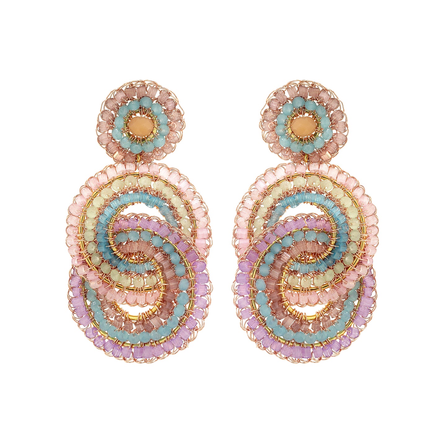 Pair of beaded earrings with pastel colors on a white background