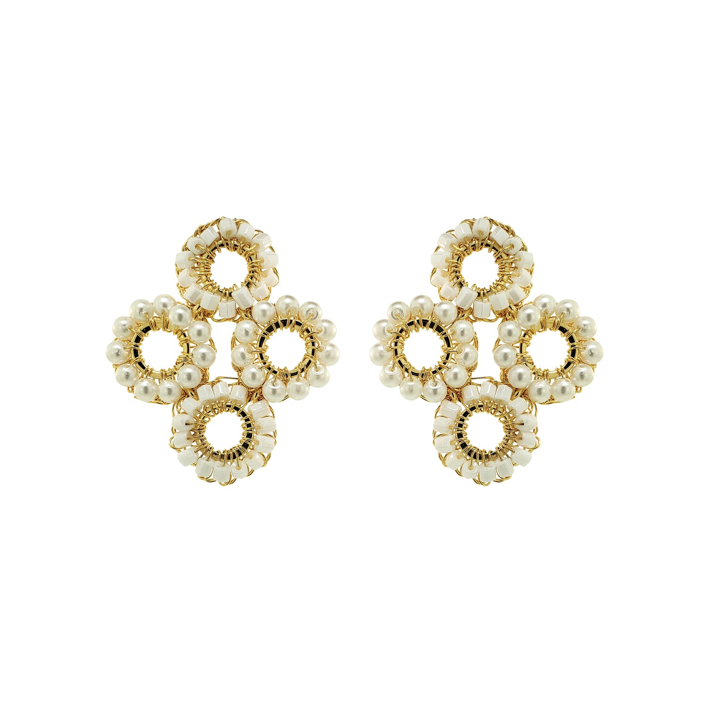 Pearl & Gold Clubs Handmade Crochet Earrings