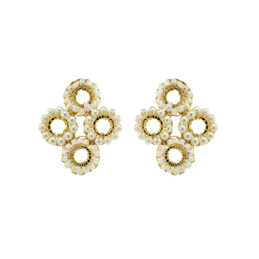 Pearl & Gold Clubs Handmade Crochet Earrings