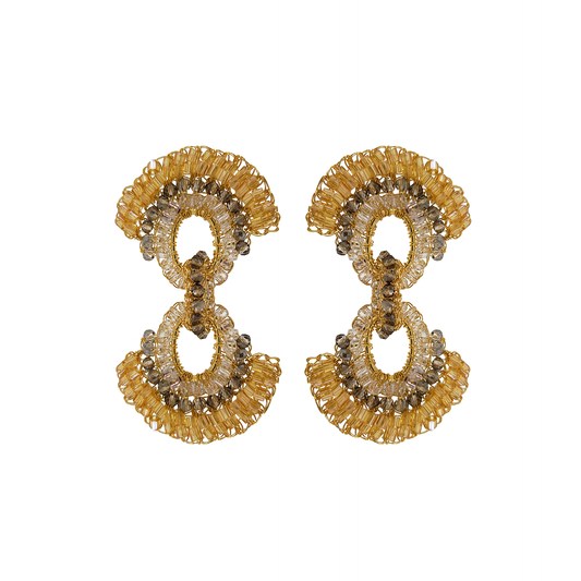 Golden Crystals Linked Ovals Handmade Crochet Earrings