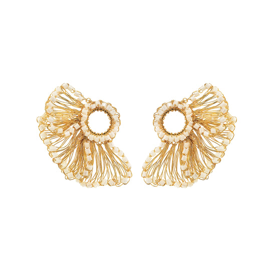 Pearl & Gold Feather Post Handmade Crochet Earrings