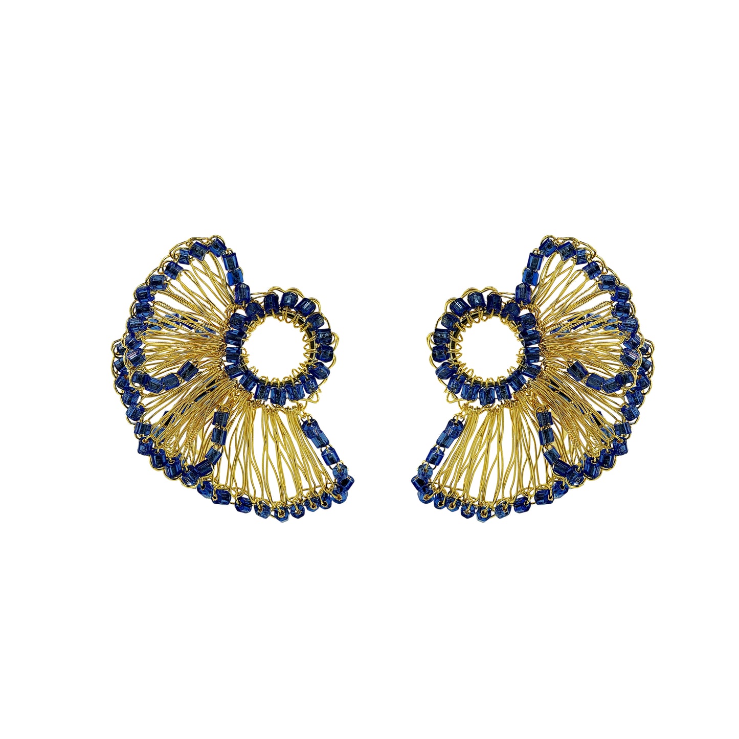 Pair of gold and blue beaded earrings on a white background
