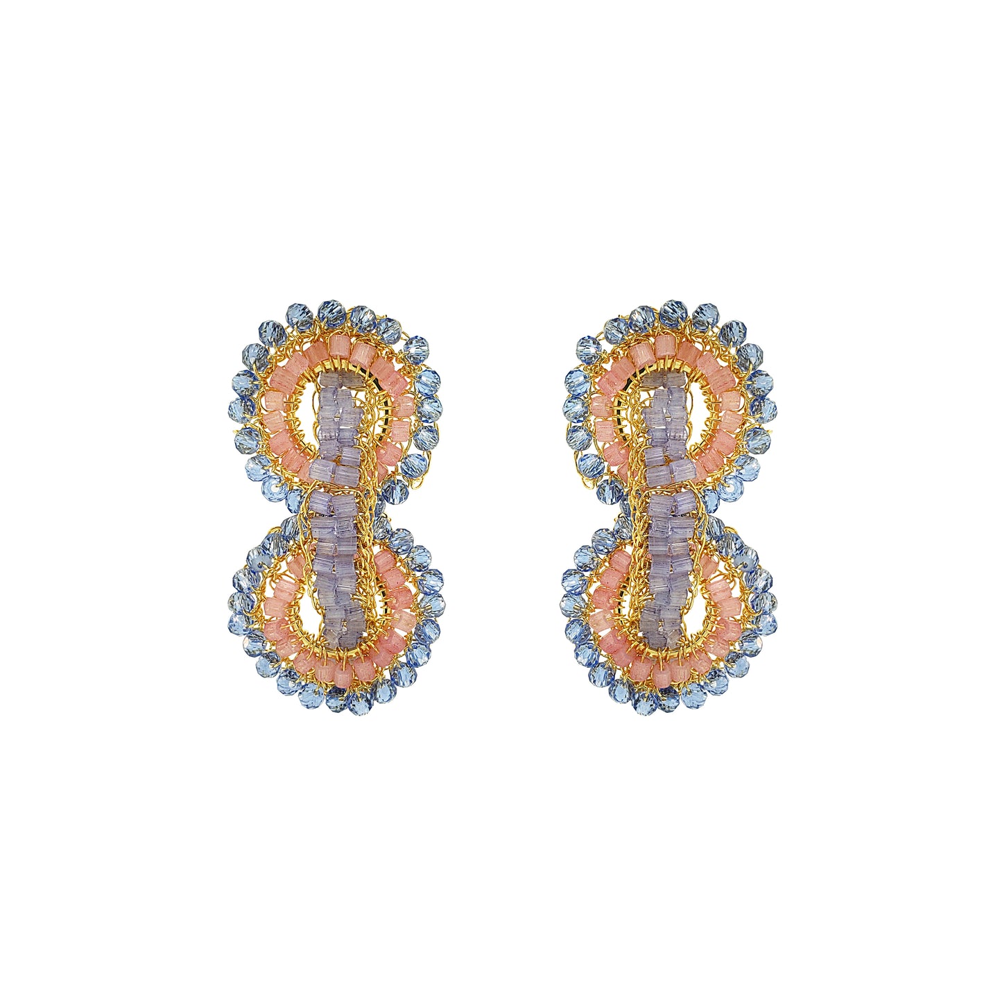 Soft Pink Blue Gold Mix Coco Duo Handmade Crochet Earrings Drop Infinite Love Collection