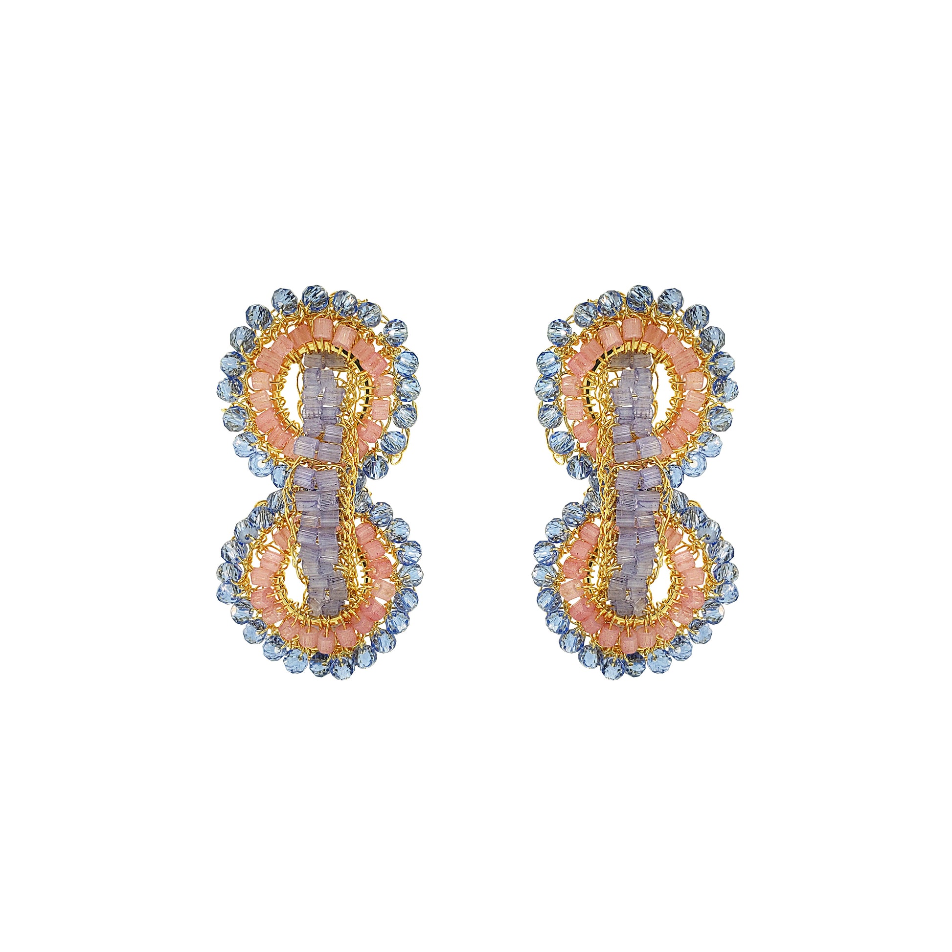 Soft Pink Blue Gold Mix Coco Duo Handmade Crochet Earrings Drop Infinite Love Collection