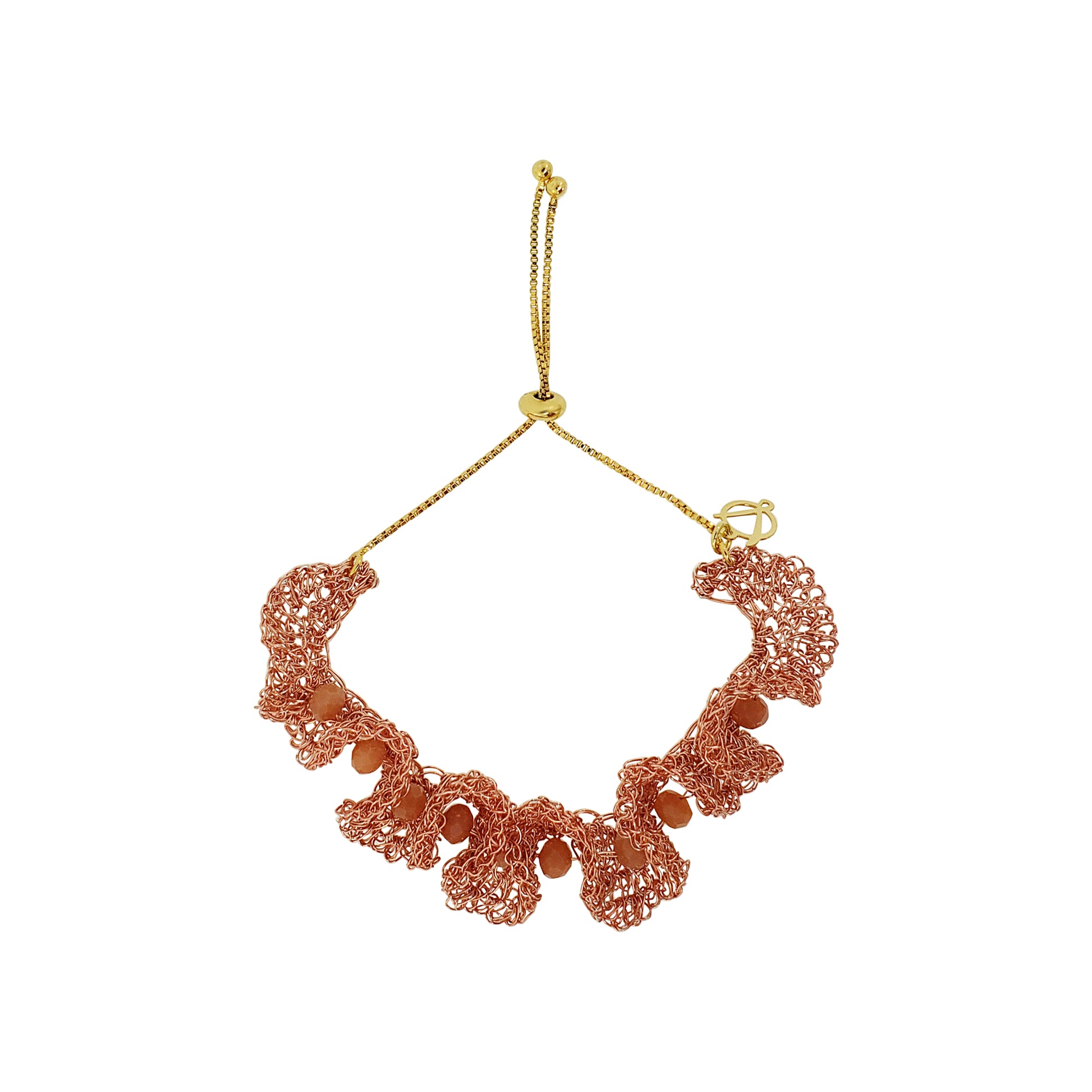 Peach- pink-Gold-Nalu-cuff-Handmade-Crochet-Bracelet-handmade-crochet-bracelet-with-unique-design-18k-gold-filled-wire-hypoallergenic-lightweight-statement