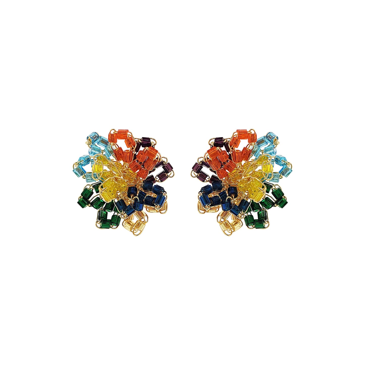 A pair of hand-crocheted multicolored earrings with gold accents, made from 18 Karat Gold Filled Wire.