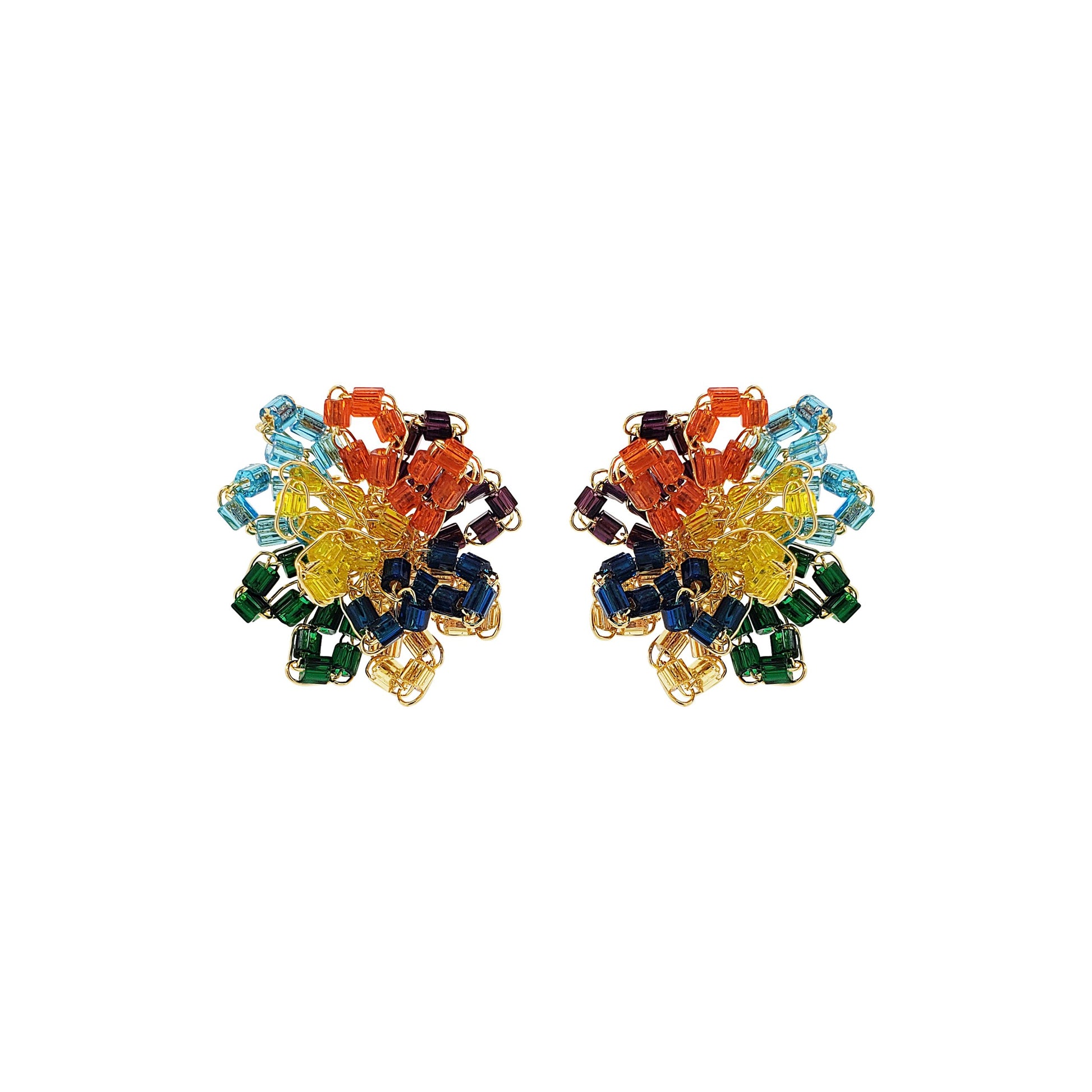 A pair of hand-crocheted multicolored earrings with gold accents, made from 18 Karat Gold Filled Wire.