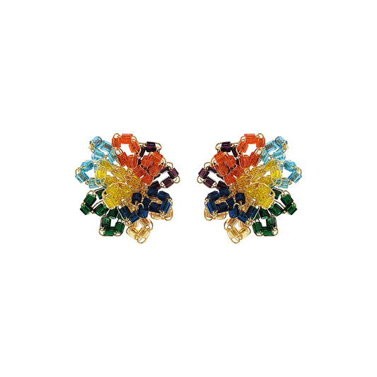 A pair of hand-crocheted multicolored earrings with gold accents, made from 18 Karat Gold Filled Wire.
