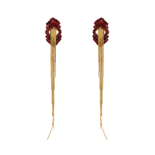 Cherry Red Mix Rank Fringe Handmade Crochet Earrings