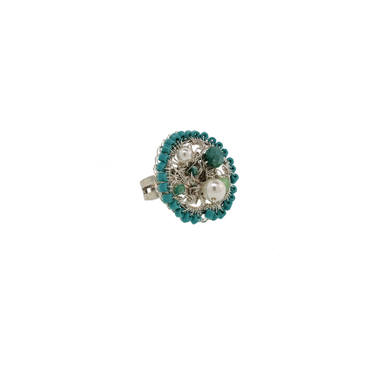 Turquoise Mix & Silver Open Mesh Handmade Crochet Ring