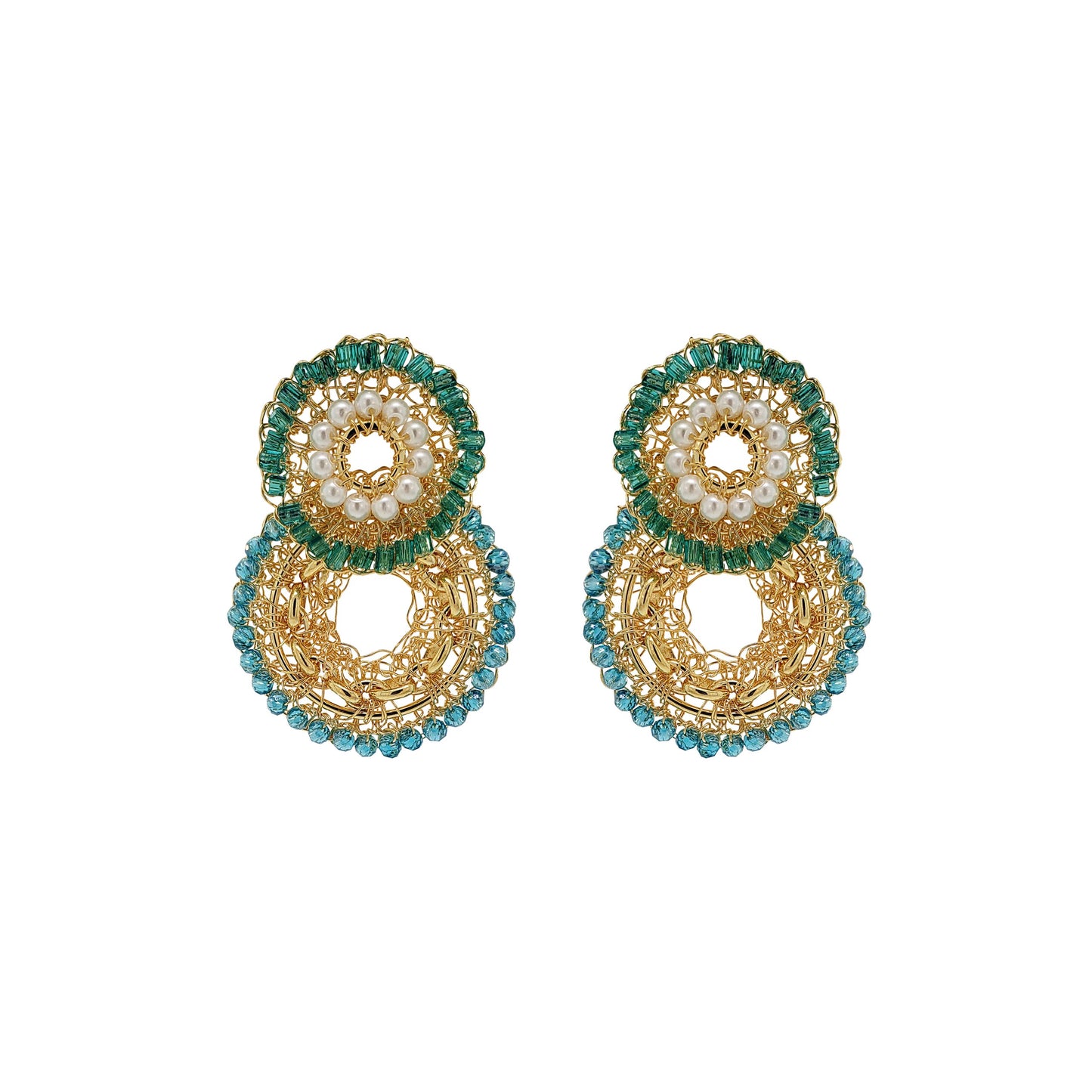 Ocean Teal Mix Flux Double Handmade Crochet Earrings