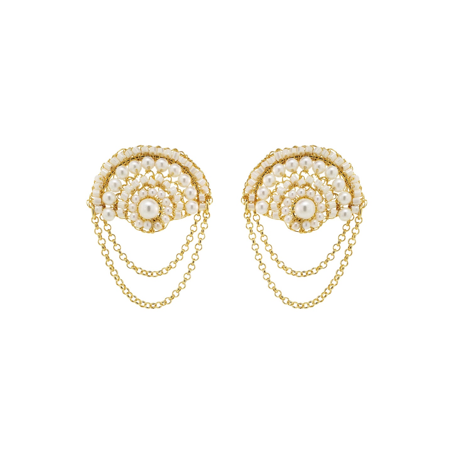 Pearl & Gold Freya Round Posts Handmade Crochet Earrings