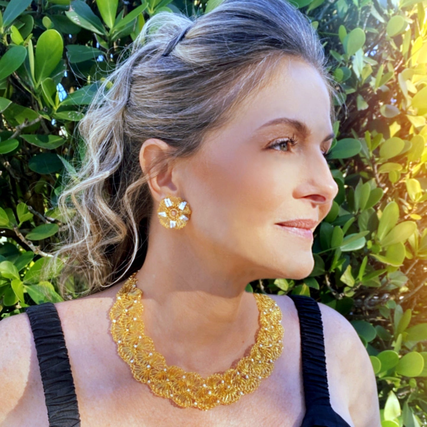 Pearl & Gold Gaia Post Handmade Crochet Earrings