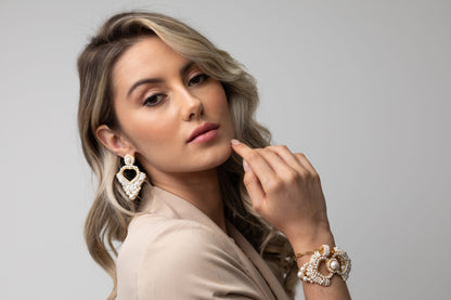 Pearl & Gold Queen's Heart Handmade Crochet Earrings