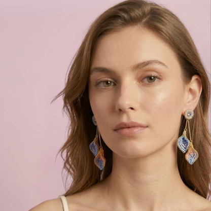 Floral-Light-Pink-Blue-Gold-Tulip-Duo-Dangle-Handmade-Crochet-Earrings-18k-gold-filled-wire-hypoallergenic-lightweight-statement-soul-collection-model