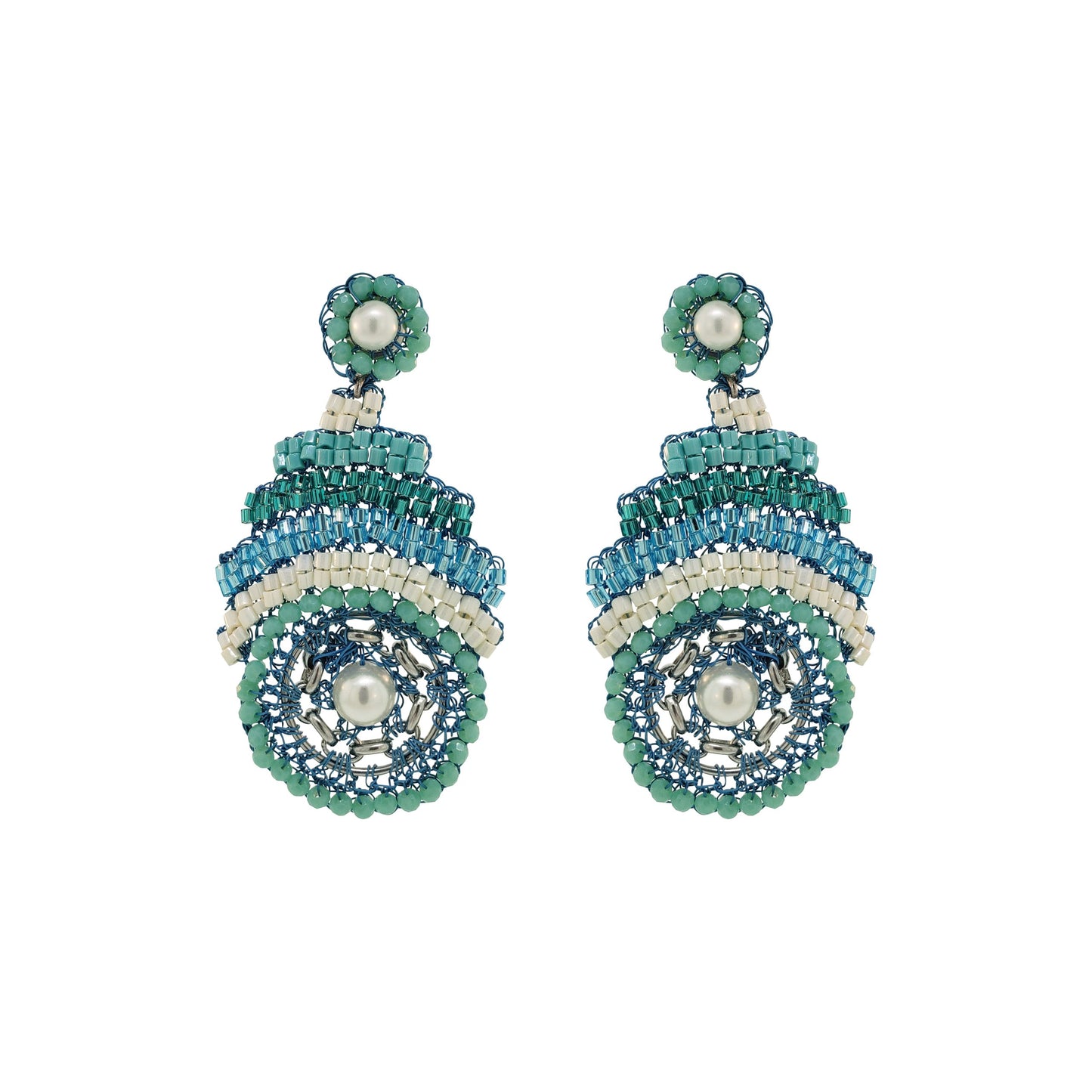 Ocean Blue Mix Ripples Dangles Handmade Crochet Earrings