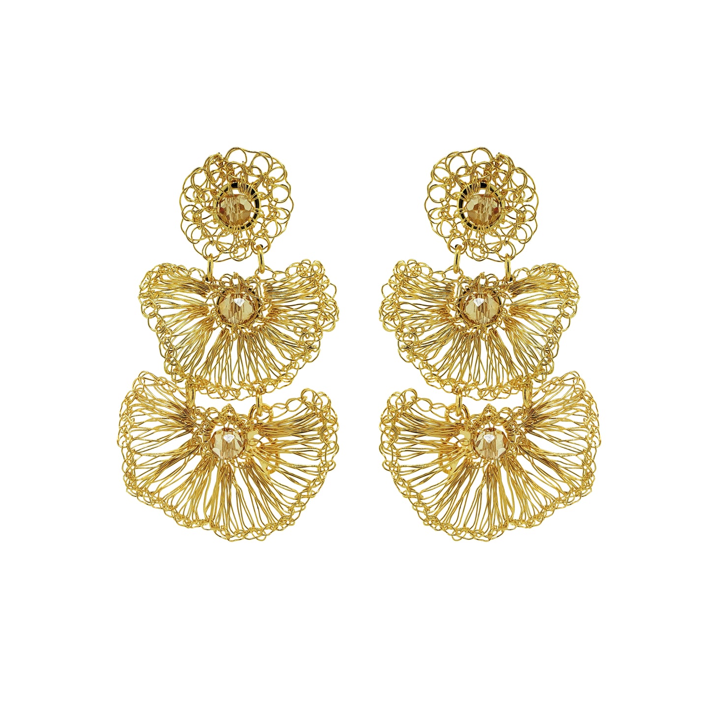 Amber & Gold Shells Trio Handmade Crochet Earrings